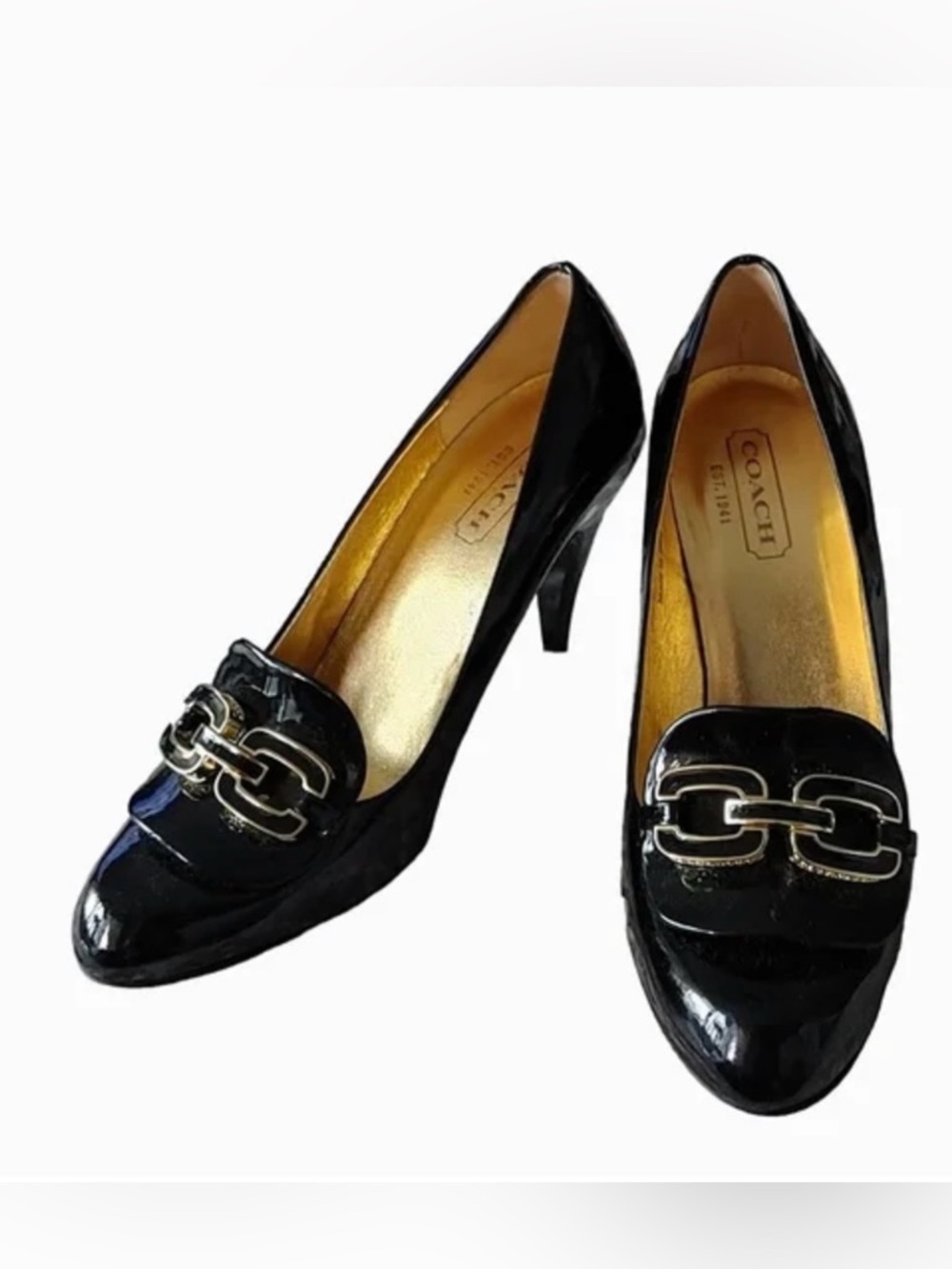 Coach Black Patent Leather Mid Heel Pumps with Chain Accent size 7